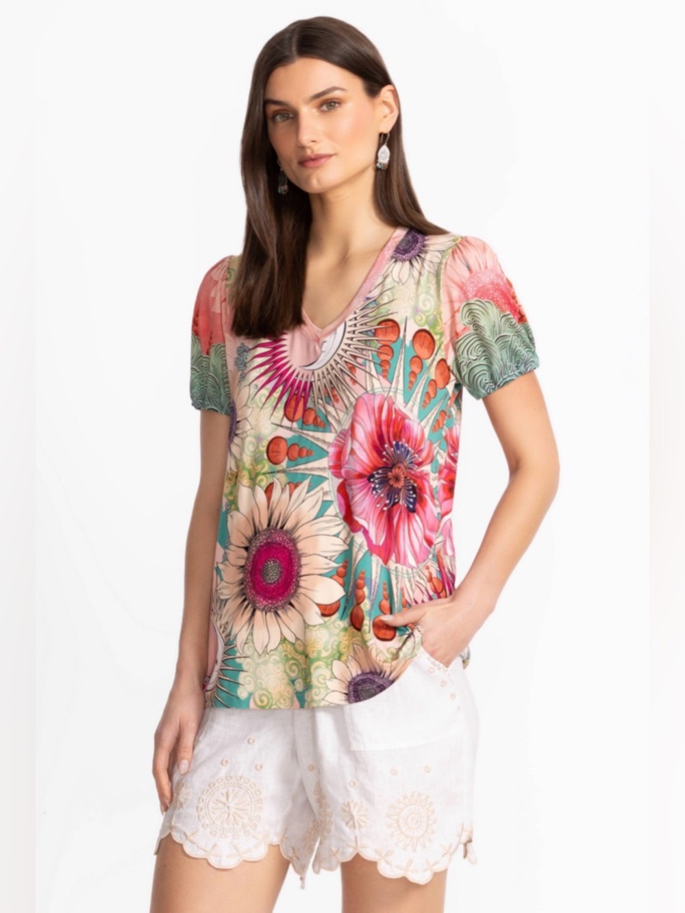 Johnny Was The Janie Favorite V-Neck Puff Sleeve Tee Size S